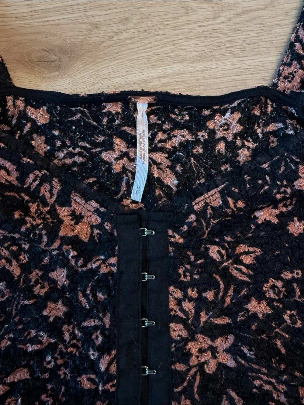 Free People Black Puff Sleeve Floral Lace-Trim Blouse oh baby corset medium